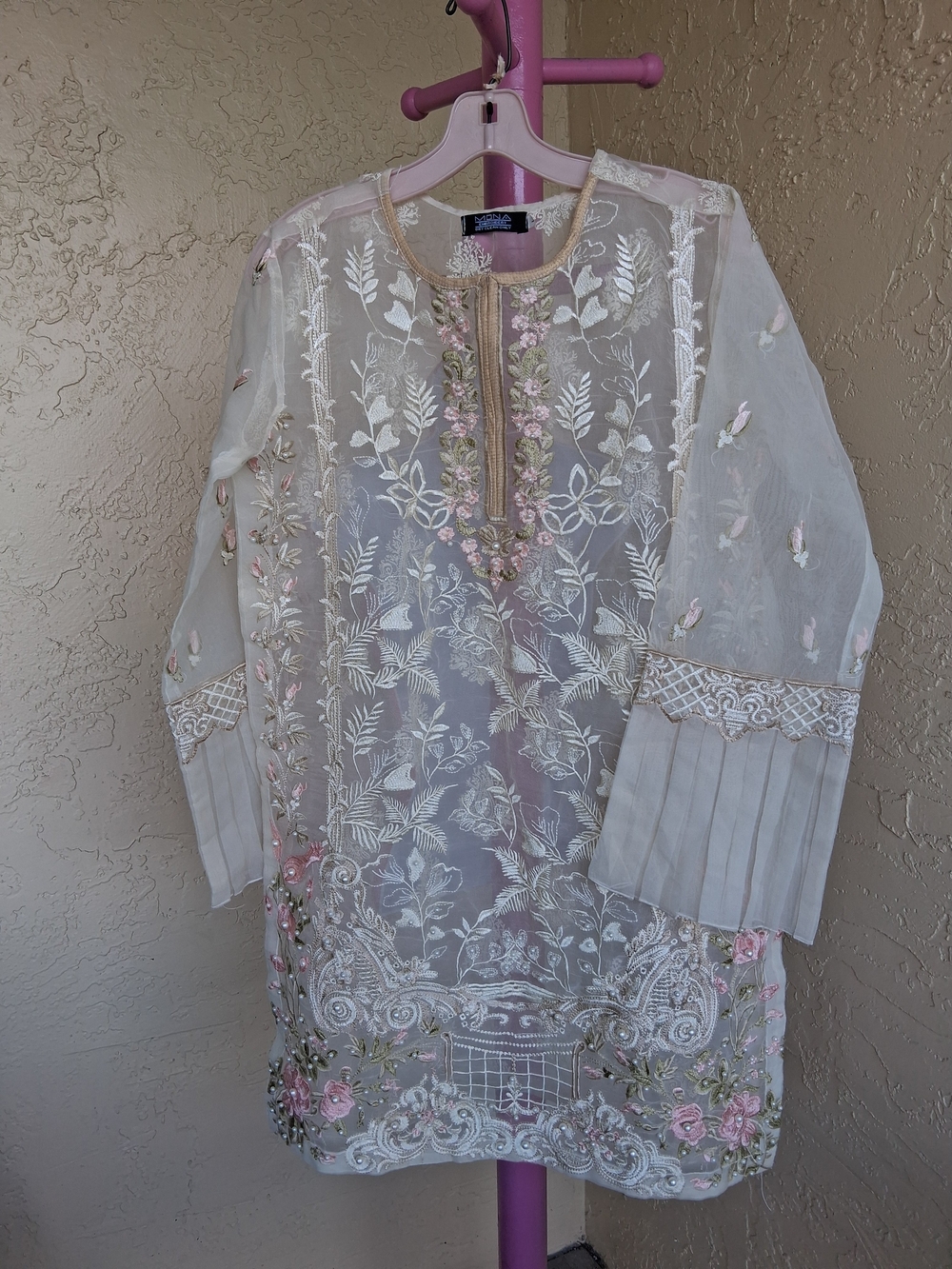 Embroidered White & Pink Sheer Women's Tunic
